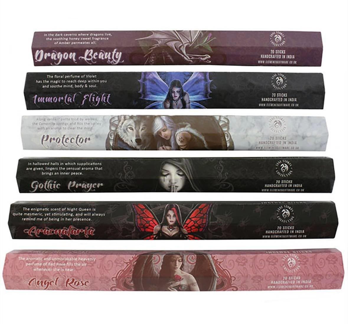 A gift pack from the Mystical Anne Stokes incense range. It includes one hexagonal pack of each Mystical incense, six in total. It includes Gothic Prayer, Dragon Beauty, Angel Rose, Aracnafaria, Prote