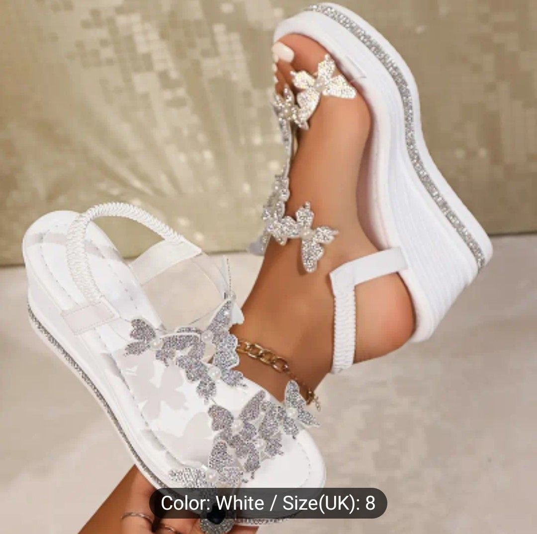 Allure, Elegant Women&#39;s Wedge Sandals with Butterfly &amp; Pearl Accents - Open Toe, Thick Sole, Slip-On Design in PU Cover