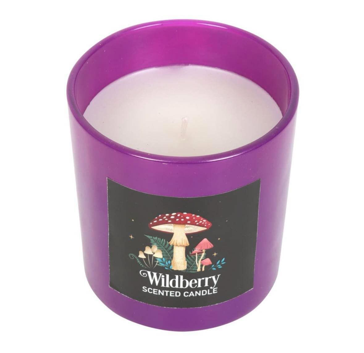 A Wildberry fragranced candle decorated with a mystical mushroom design and perfect for creating a magickal ambience. Glass holder with cork lid and beautifully presented in matching cardboard tube pa