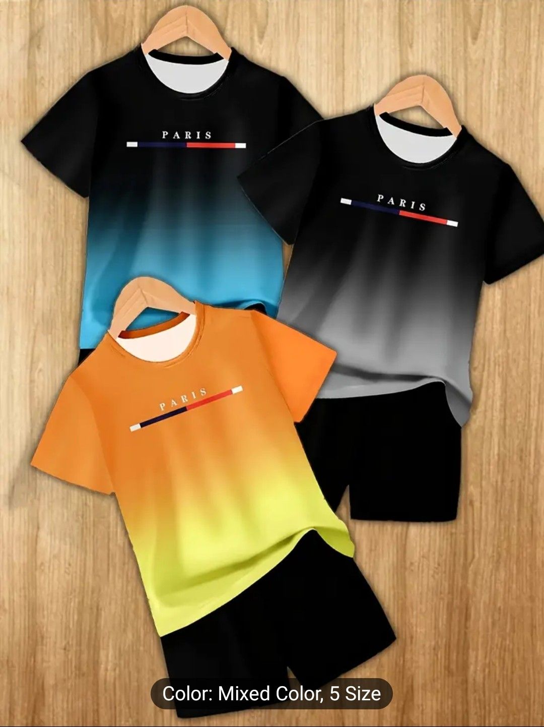 Boys&#39; Summer Fashion Set: 3D Paris Printed Casual T-Shirts &amp; Shorts - Breathable Polyester, Crew Neck, Machine Washable, in Black/Blue/Orange Gradient, Summer Clothes for Teens, Perfect for Outdo