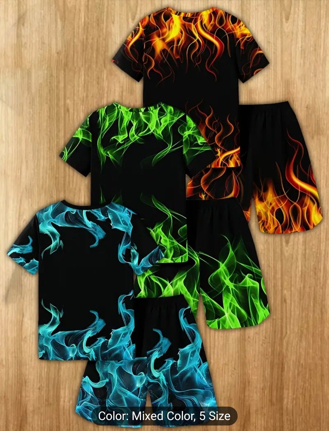 Boys&#39; 3D Flame Print Casual Outfit - Comfy Polyester T-Shirts &amp; Shorts Set, Vibrant Colors, Machine Washable, Perfect for Summer Play, Boy Clothes, Perfect for Outdoor