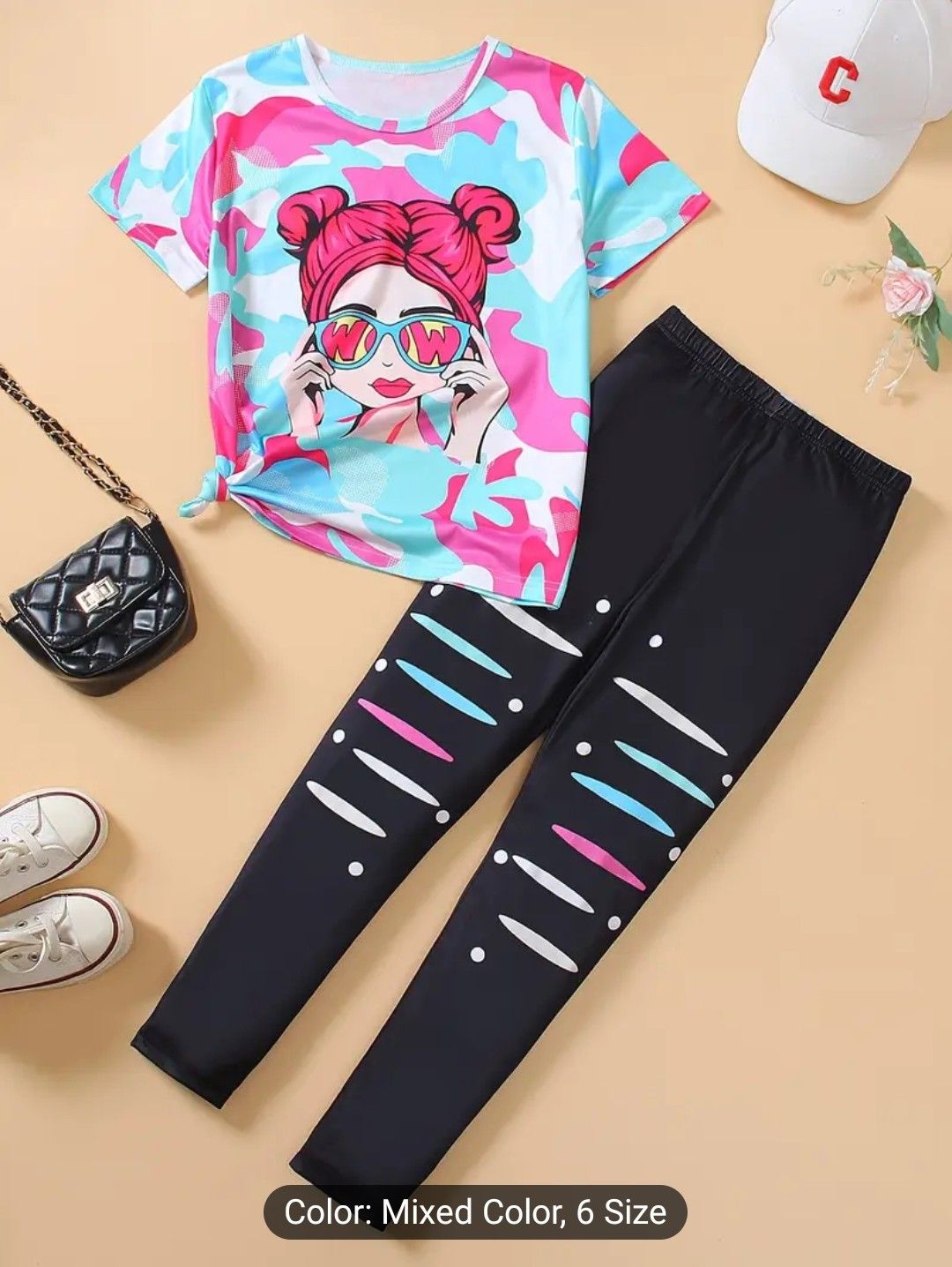 120-170 &#39; Tie-Dye Graphic Short-Sleeve Round Neck T-Shirt with Random Prints, Mixed Pattern Striped And Polka Dot Fitted Leggings, Two-Piece Set for Casual Fashion in Spring, Summer, And Autumn, Suita