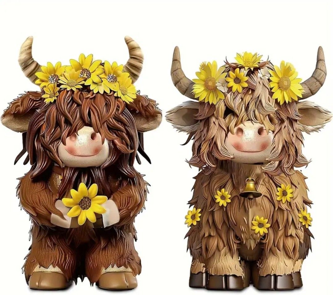 Cartoon-Themed Resin Highland Cow &amp; Sunflower Figurine - Charming Indoor/Outdoor Decor for Christmas, Halloween, Easter, Hanukkah, Thanksgiving - Cow Decor