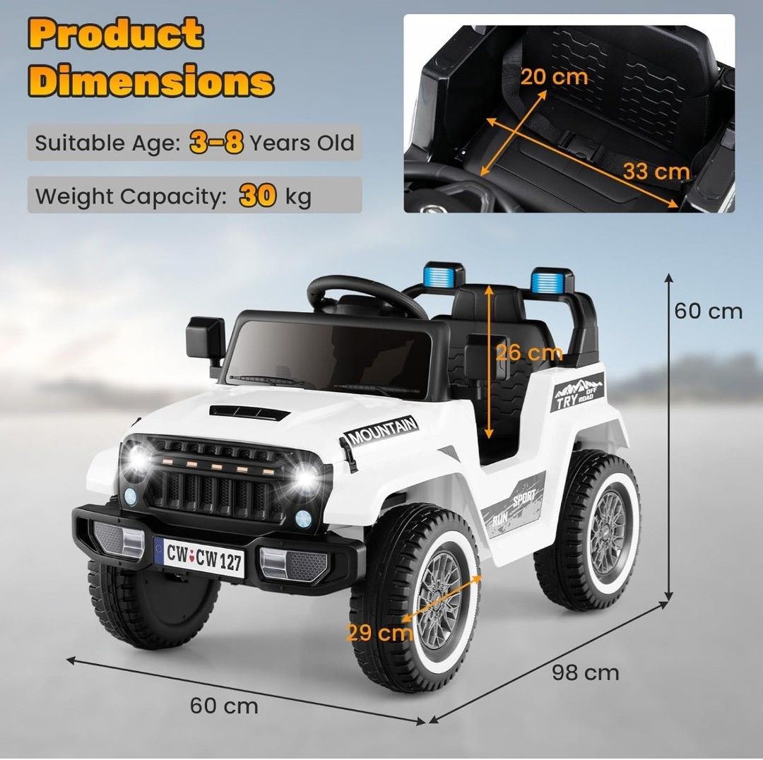 COSTWAY 12V Kids Electric Ride on Truck, Battery Powered Jeep Car with Remote Control, Lights, Horn, Music, Wireless Connection, 4 Spring Suspension Wheels Vehicle Toy for for 3+ Years Old