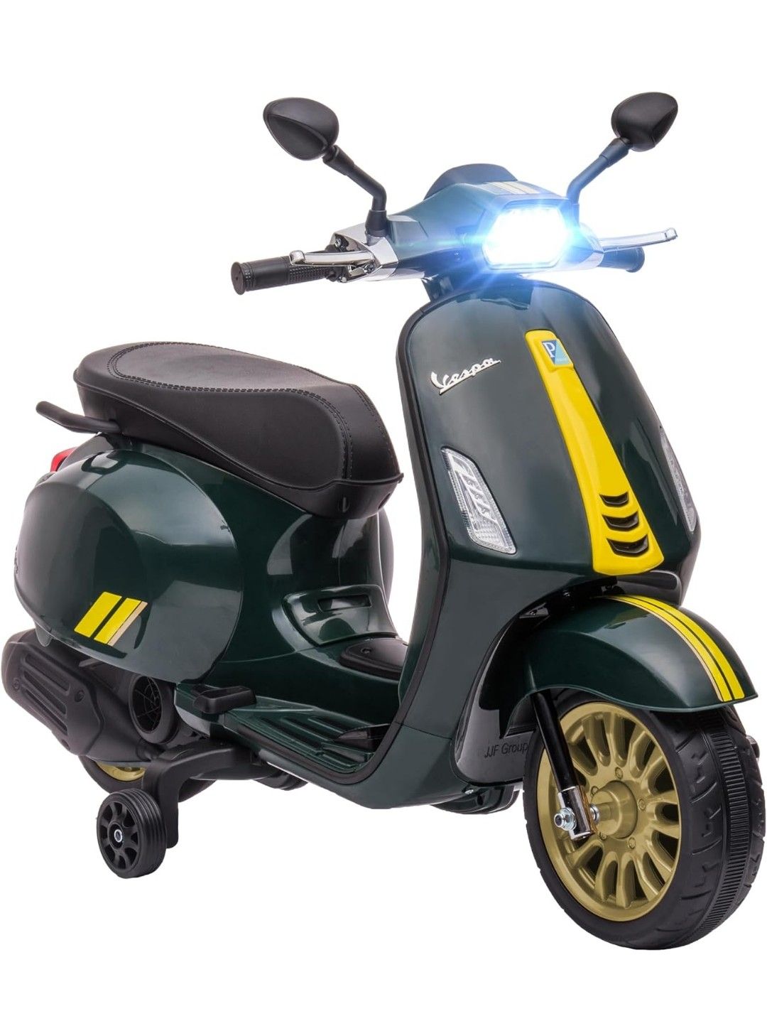 AIYAPLAY Vespa Licensed 12V Kids Electric Motorbike, Kids Ride on Motorcycle with Music, Headlight, MP3, FM Radio, Two Training Wheels, for 3-6 Years