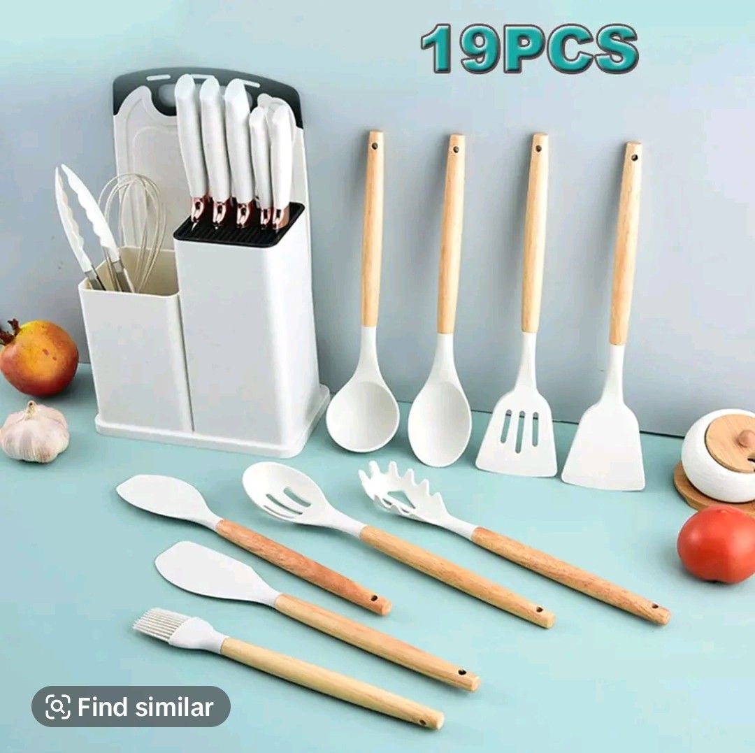 19pc set none stick silicone kitchen spoon cooking set