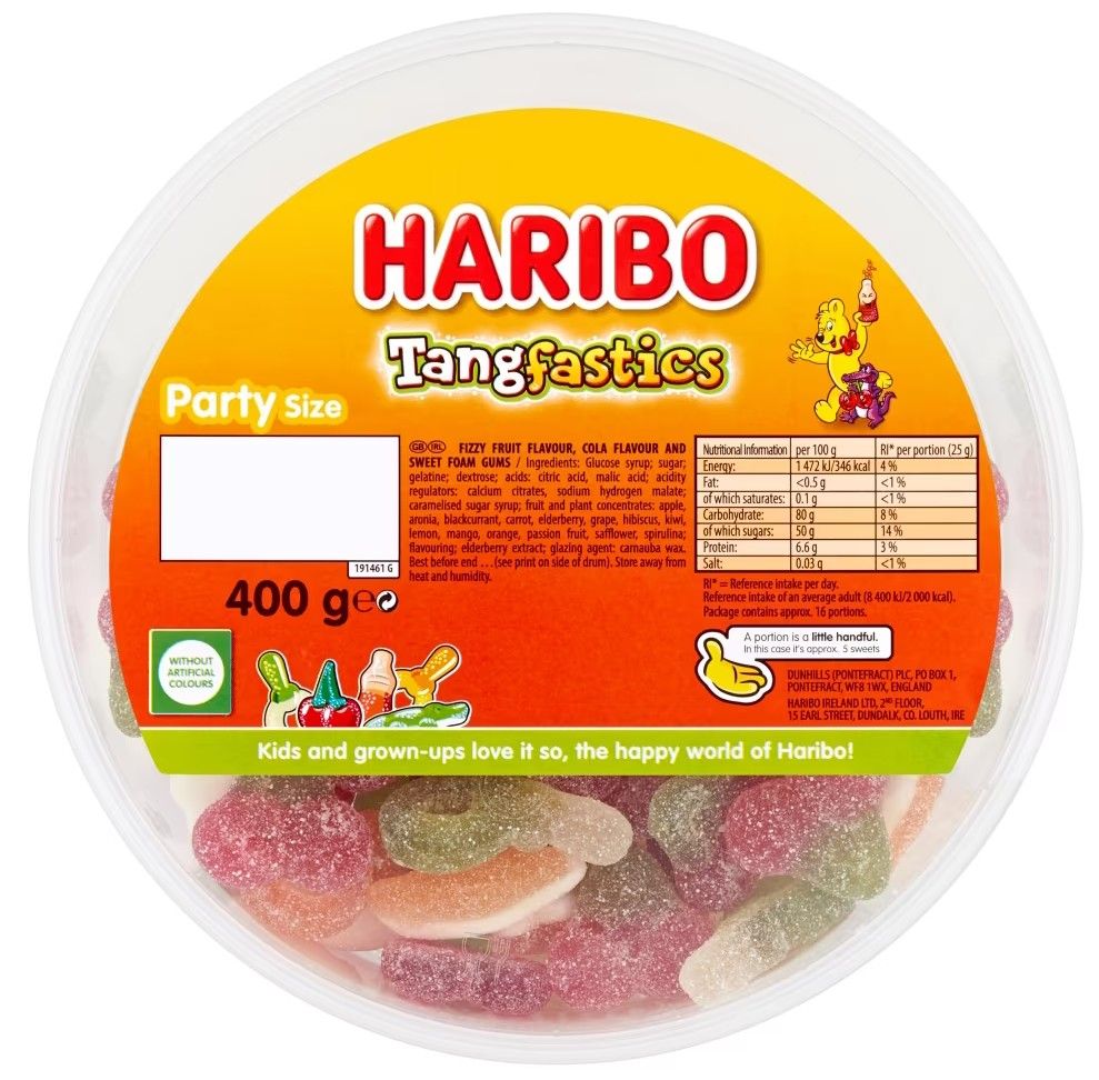 Haribo Tangfastics Fruit &amp; Cola Flavour Fizzy Jelly Sweets Tub 400g