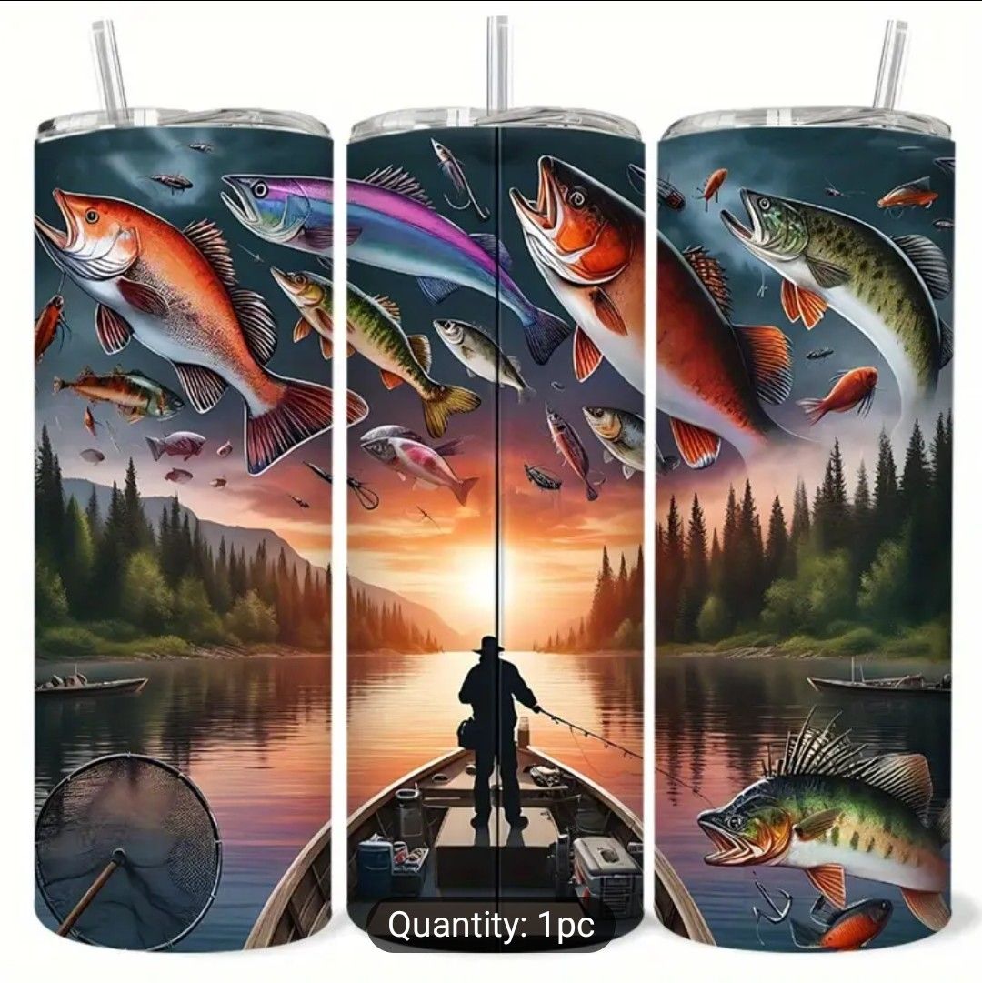 20oz Stainless Steel Water Cup with Lid - Leakproof Double Wall Vacuum Insulated Tumbler, Serene Fishing Scene Design, Perfect for Travel, Camping, Hiking &amp; Office Use - Ideal Gift for Birthdays, Holi