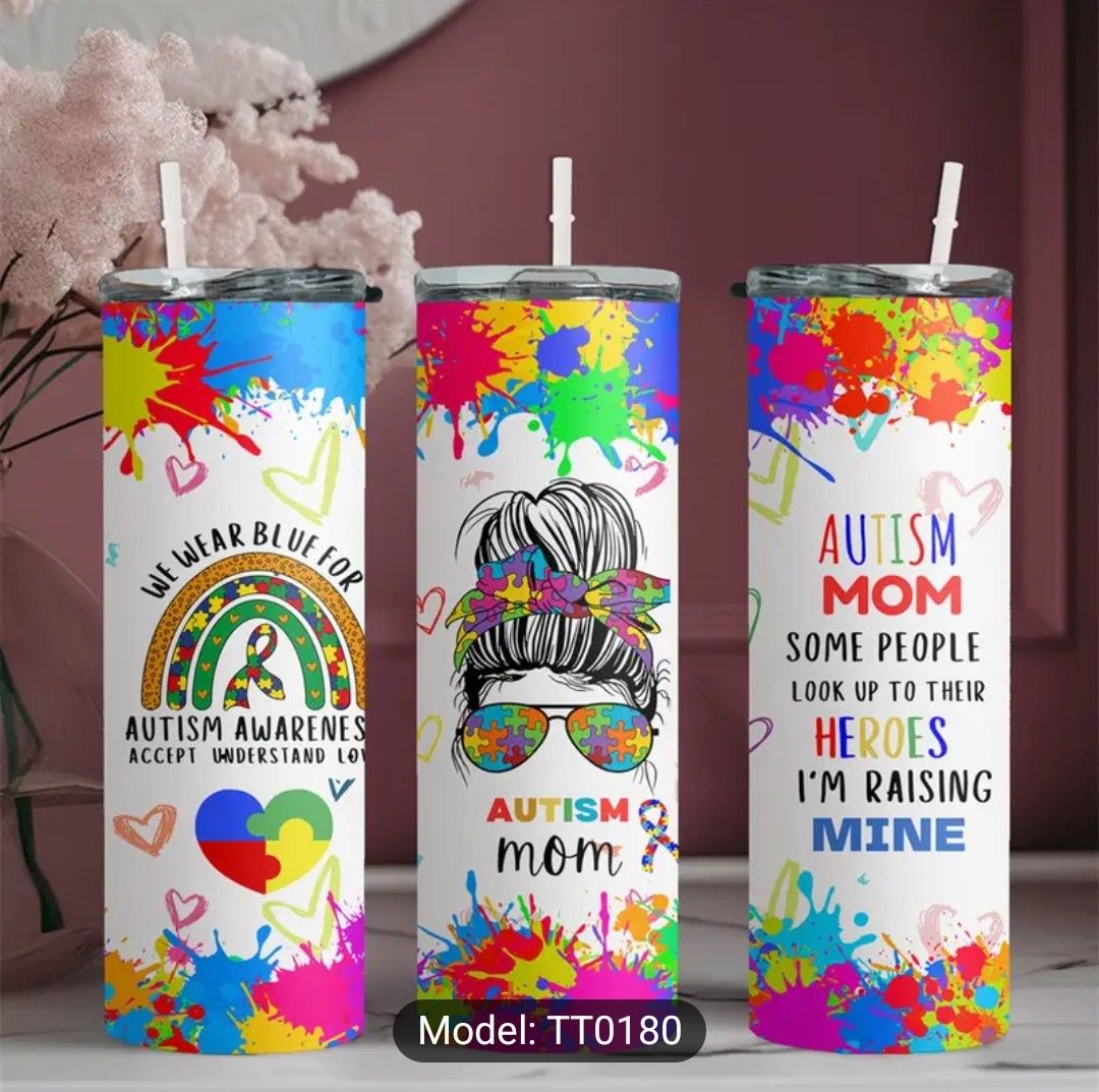 20oz Stainless Steel Tumbler with Straw - Autism Mom Rainbow Design, Insulated for Hot &amp; Cold Drinks, Perfect Mother’s Day Gift, Includes Cleaning Brush, BPA-Free, Hand Wash Only