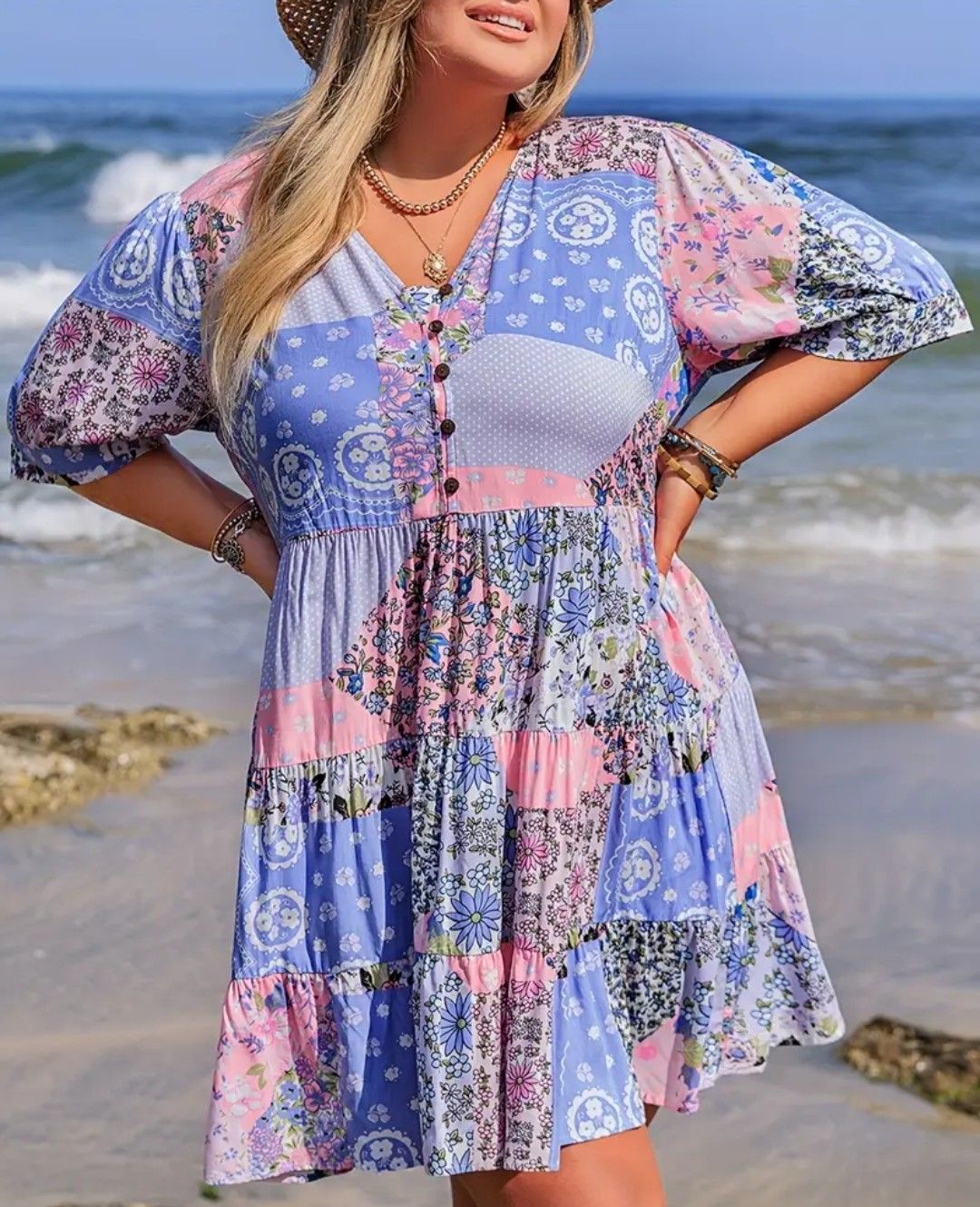 Rusttydustty Women&#39;s Plus Size Modern Bohemian Short Sleeve Dress - Color Block Patchwork V-Neck A-Line Knee-Length with Flared Skirt for Casual Outings, Beach Vacations &amp; Music Festivals, Festival At