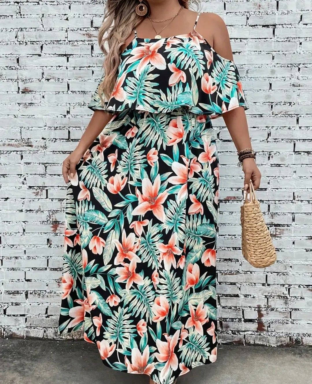 Women&#39;s Plus Size Floral Maxi Dress - Off-Shoulder, Short Sleeve, Wide-Leg, Tropical Print, Polyester, Machine Washable - Ideal for Spring/Summer Vacations, Casual Dress | Elegant Maxi | Glossy Textur