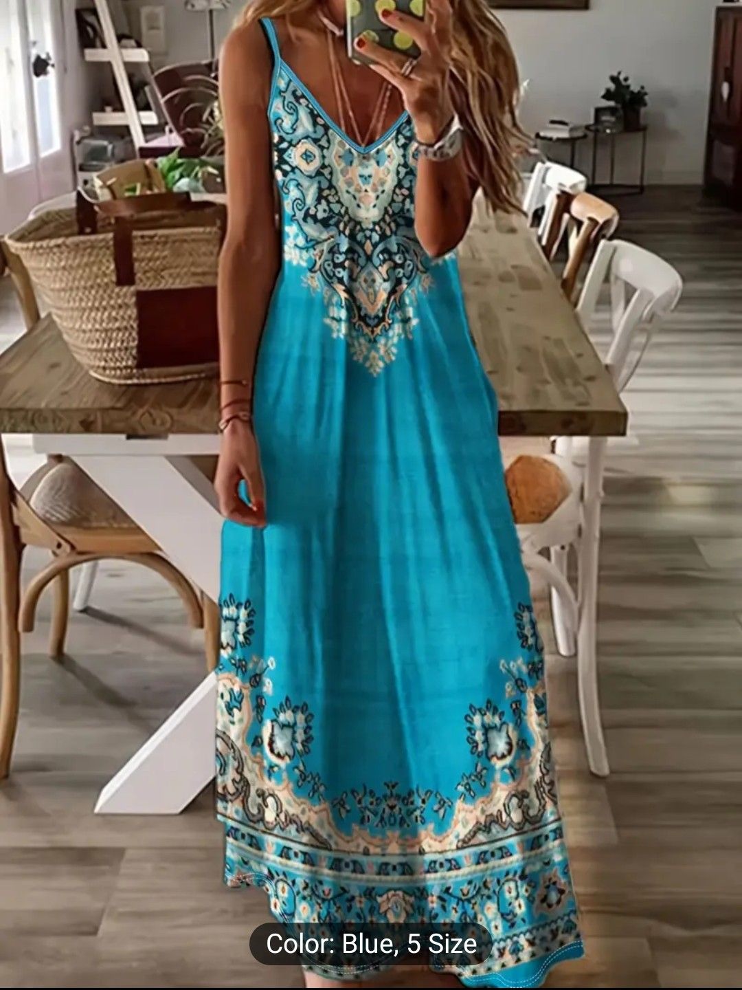 [Holiday Cheer] Boho-Chic Lightweight Maxi Dress with Thin Straps - Vibrant Floral &amp; Paisley Print, Perfect for Spring/Summer/Fall Vacations, Easy-Care Polyester Blend,