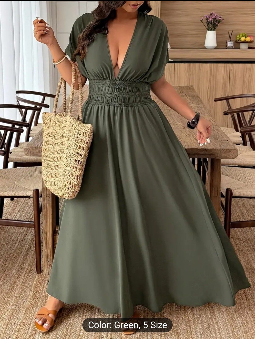 Elegant Plus Size Olive Green Maxi Dress with Waist Cinching, Side Slit &amp; V-Neck - Non-Stretch Woven Fabric, Shirred Detail for a Flowy Look - Perfect for Spring/Summer, Flowy Maxi Dress