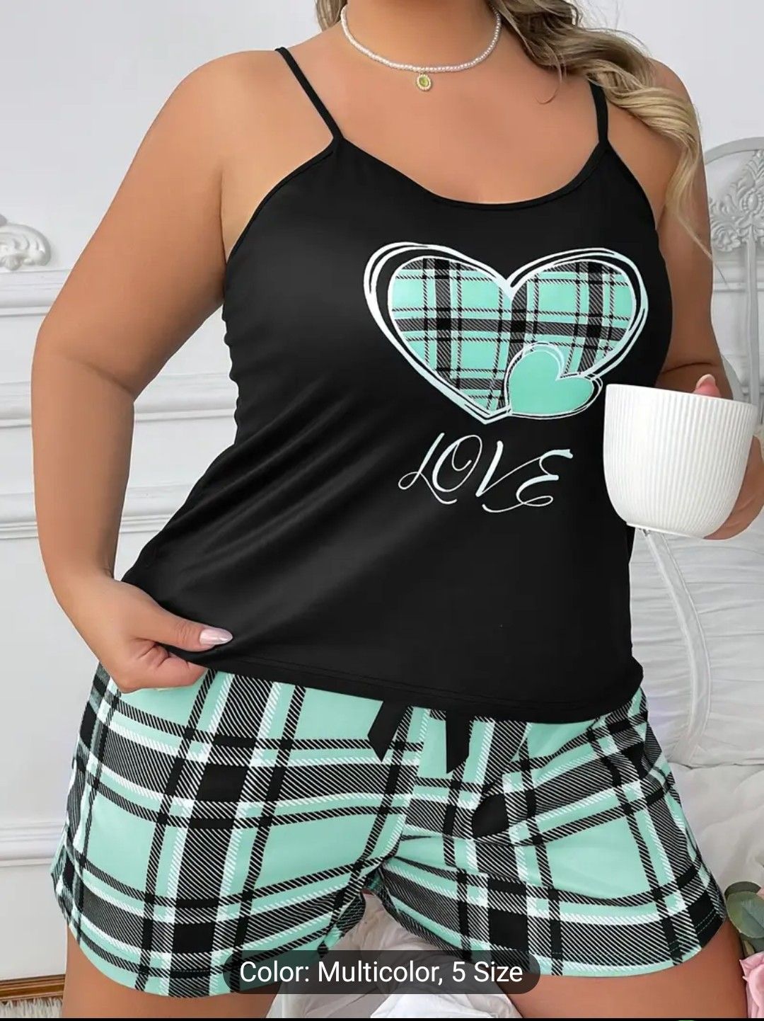 Spring/Summer/Autumn Love Print Thong Plaid Print Shorts Women&#39;s Set