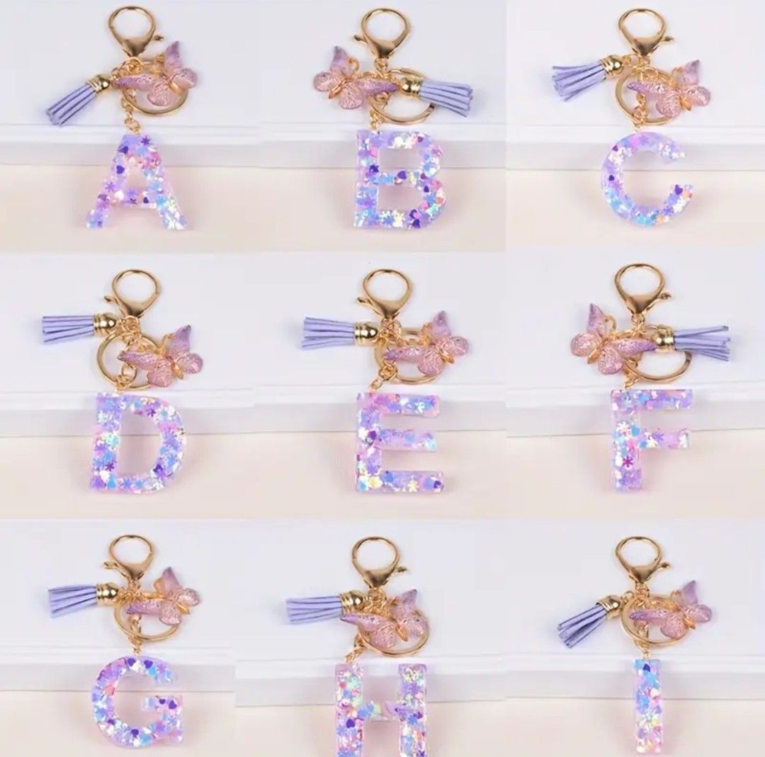 Glitter Initial With Butterfly Charm Keyrings