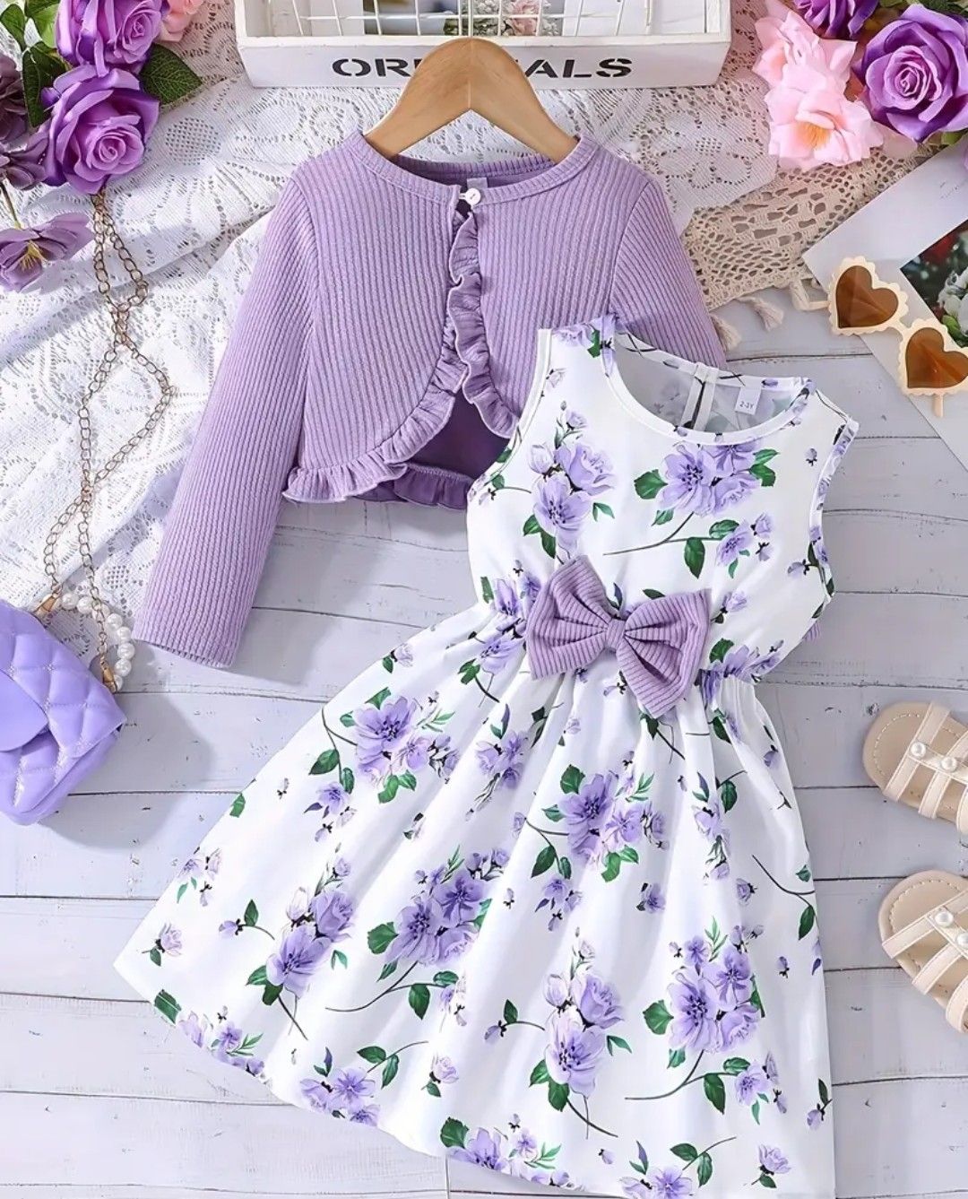 Girls&#39; Elegant Floral Print Bow Decorative Sleeveless Round Neck Dress + Solid Color Pleated Jacket Set, Perfect Choice for Spring, Summer, Autumn, Perfect for Gifts, Festive Parties, for Out
