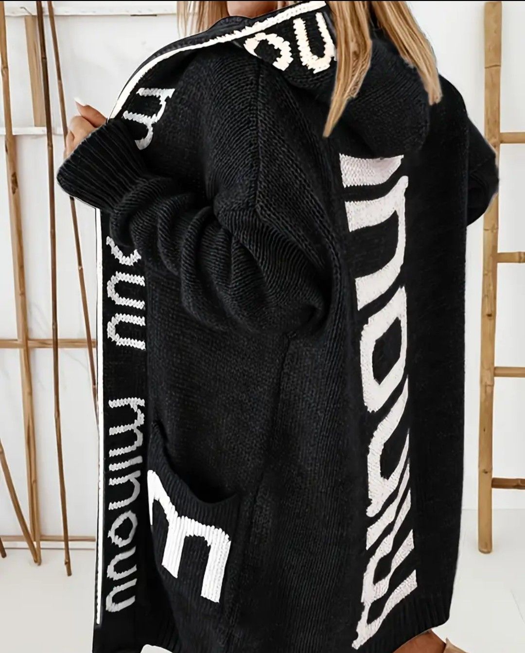 Letter Print Open Front Knit Cardigan, Casual Hooded Long Sleeve Sweater With Pockets, Women&#39;s Clothing lower sizes