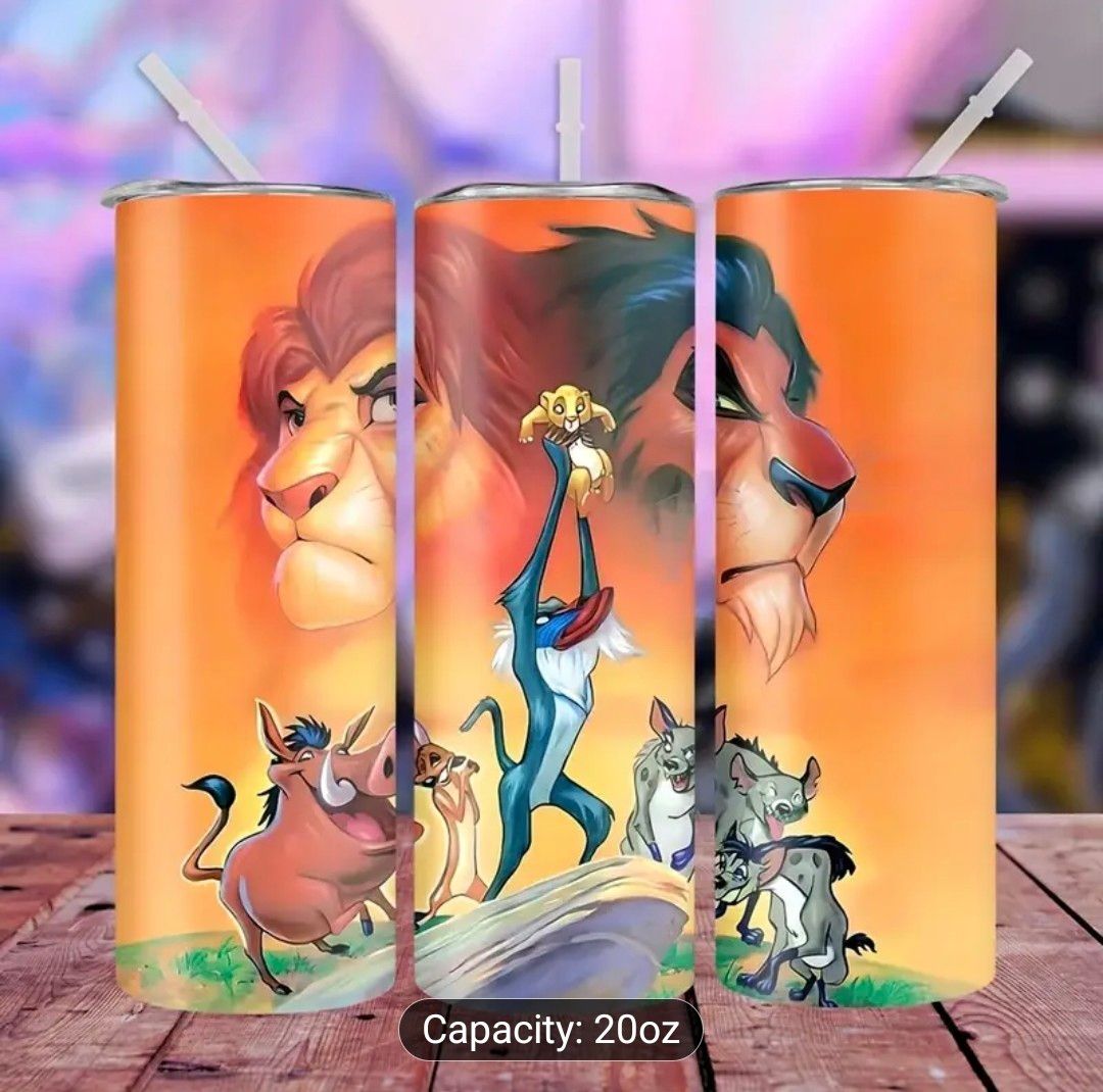 1pc 20oz Lion King Stainless Steel Tumbler with Straw - Vibrant Simba, Nala, Timon &amp; Pumbaa Design, Insulated for Hot &amp; Cold Drinks, Perfect for Gym, Travel, Driving, and Home Use - Ideal Gift for Fam