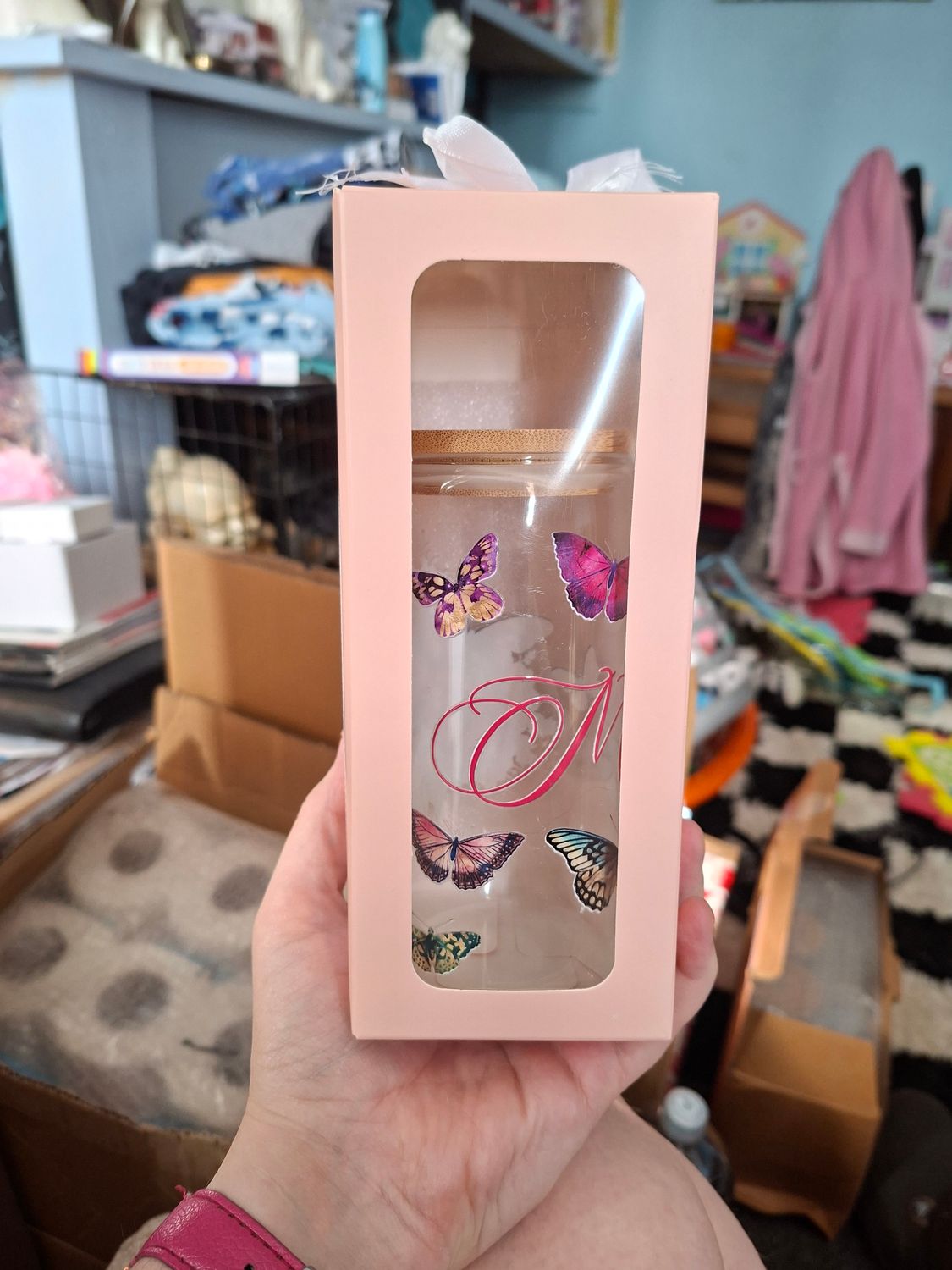 Maya butterflie glass tumbler with lid Straw and Straw brush