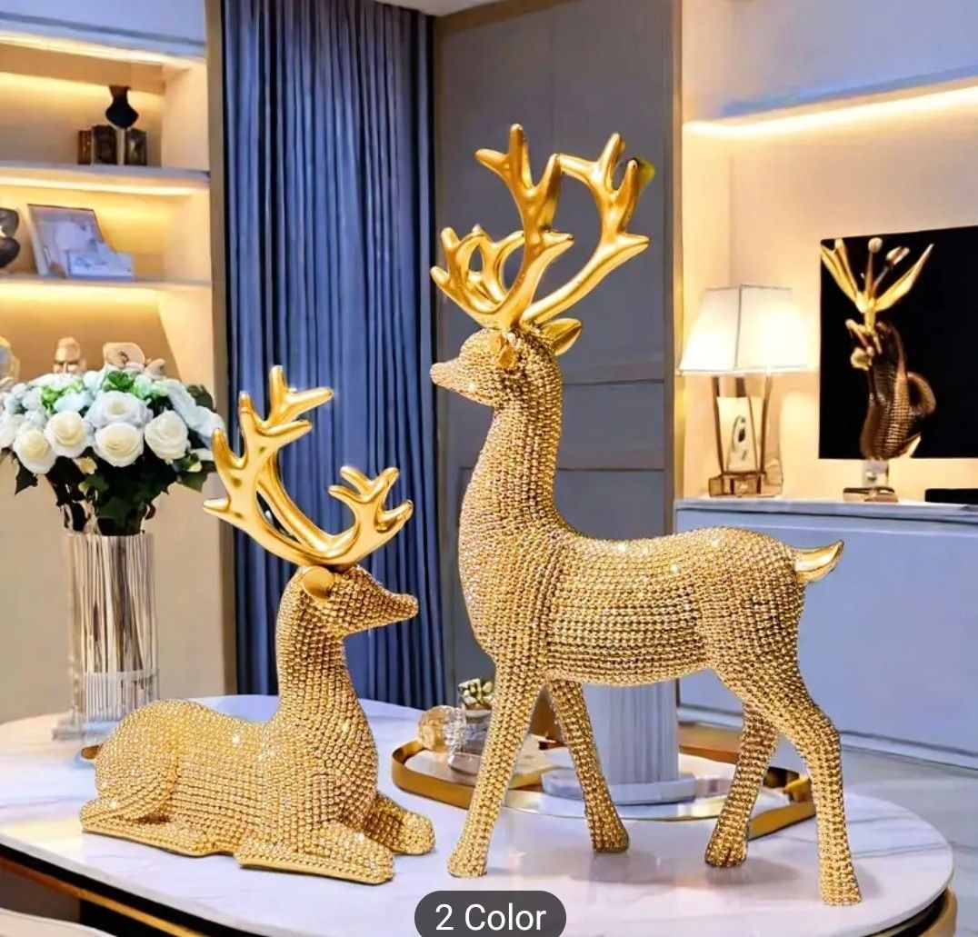 [2pcs Glittering Reindeer Decor] 2pcs Glittering Golden Bead Christmas Reindeer Decorations | Resin Holiday Tabletop Decor for Christmas, Valentine’s Day, New Year | Perfect for Display Shelves, Mante