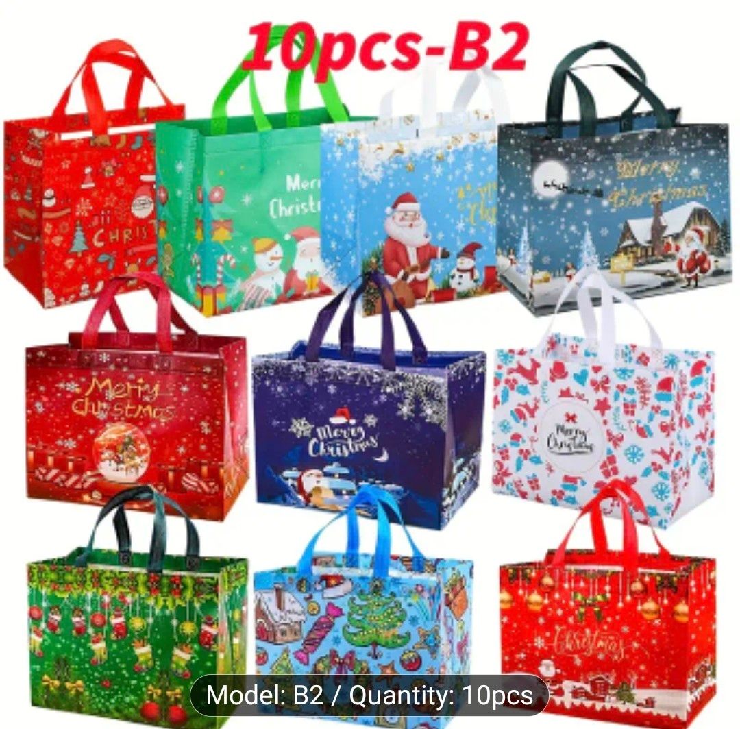 10pcs Large Christmas Gift Bags with Handles, Reusable Non-Woven Fabric Holiday Shopping Totes for New Year &amp; Xmas Party Decorations, 32.51cm×24.89cm×17.02cm, Holiday Decorations, Seasonal Storage, Fe