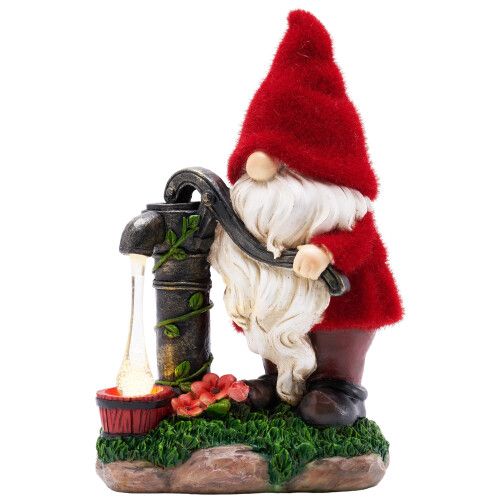 TERESA&#39;S COLLECTIONS Garden Ornaments Outdoor, Lovely Red Clothes Gonk Pumping Water with Solar-Powered Lights, Waterproof Resin Gnomes Ornaments,