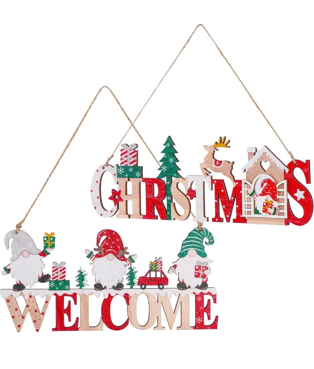 Wooden Decorations Hanging Sign Wooden Welcome Door Hanging Sign 2 Pcs Ornaments for Outdoor Indoor Wall and Christmas Tree Ornaments Christmas Party Supplie