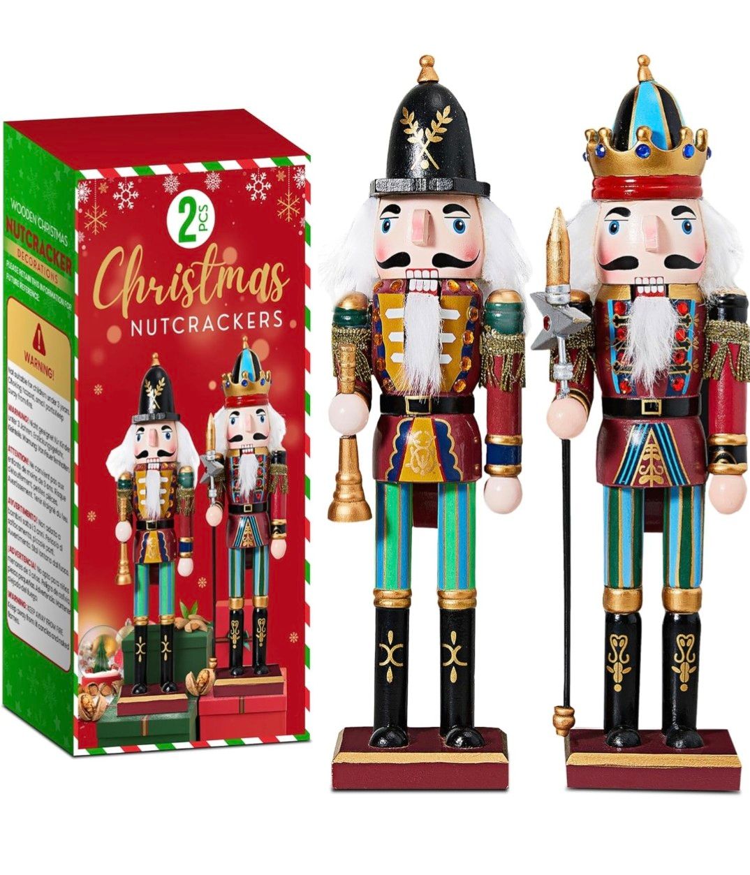 REDSTAR 2pc Christmas Nutcracker Soldier 30cm Wooden Nutcracker Christmas Decorations for Fireplace - 2 Pack Wooden Figures Indoor Ornaments - Xmas (Blue)