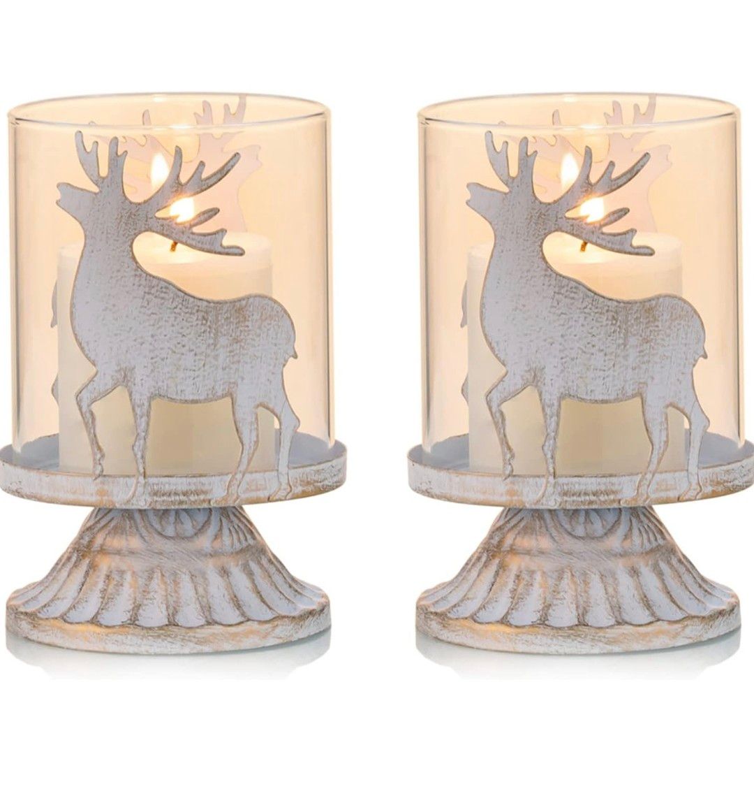 Sziqiqi Vintage Antique Metal Pillar Candle Holders Set of 2, Distressed Hurricane Candlestick Candle Holders Prefer Centerpieces for Christmas Table Mantle Fireplace Decoration, Deer