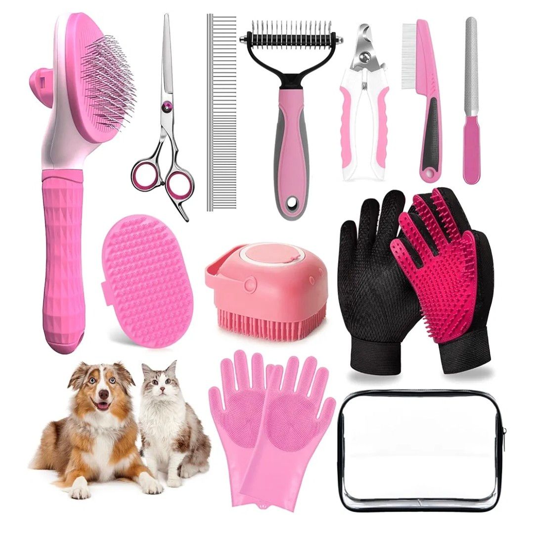 13Pcs Pet Grooming Kit - Dog Cat Deshedding Brush, Nail Clippers with File, Hair Remover Gloves &amp; Bath Tools for Long/Short Haired Pets, Grooming Tool for Long and Short Haired Pets