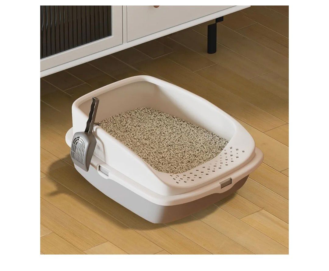 Cat Litter Tray Box, Litter Box, Plastic Cat Open Top Litter Tray with Free Scoop Kitten Detachable Rim Easy Cleaning,49 x 38 x 23cm (Grey)