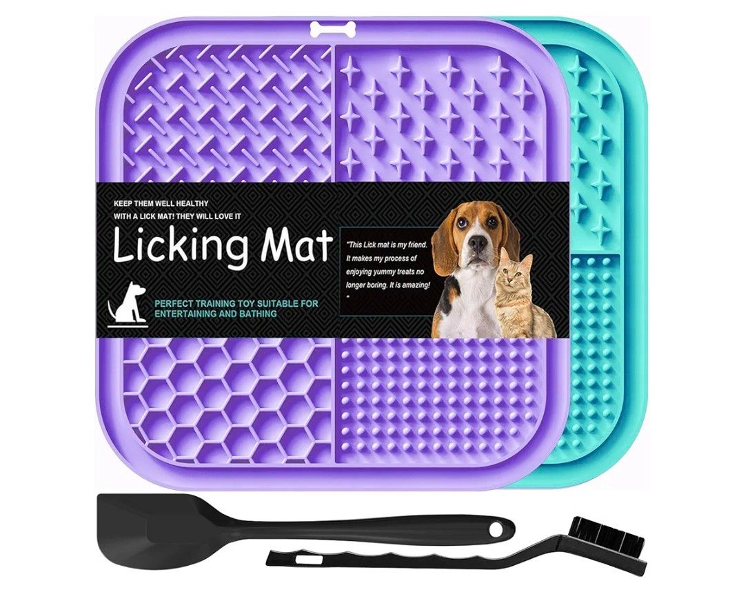Lesipee Licking Mat for Dogs &amp; Cats 2 Pack, Slow Feeder Lick Pat, Anxiety Relief Dog Toys Feeding Mat for Butter Yogurt Peanut, Pets Supplies Bathing Grooming Training Calming Mat (Cyan&amp;Purple)
