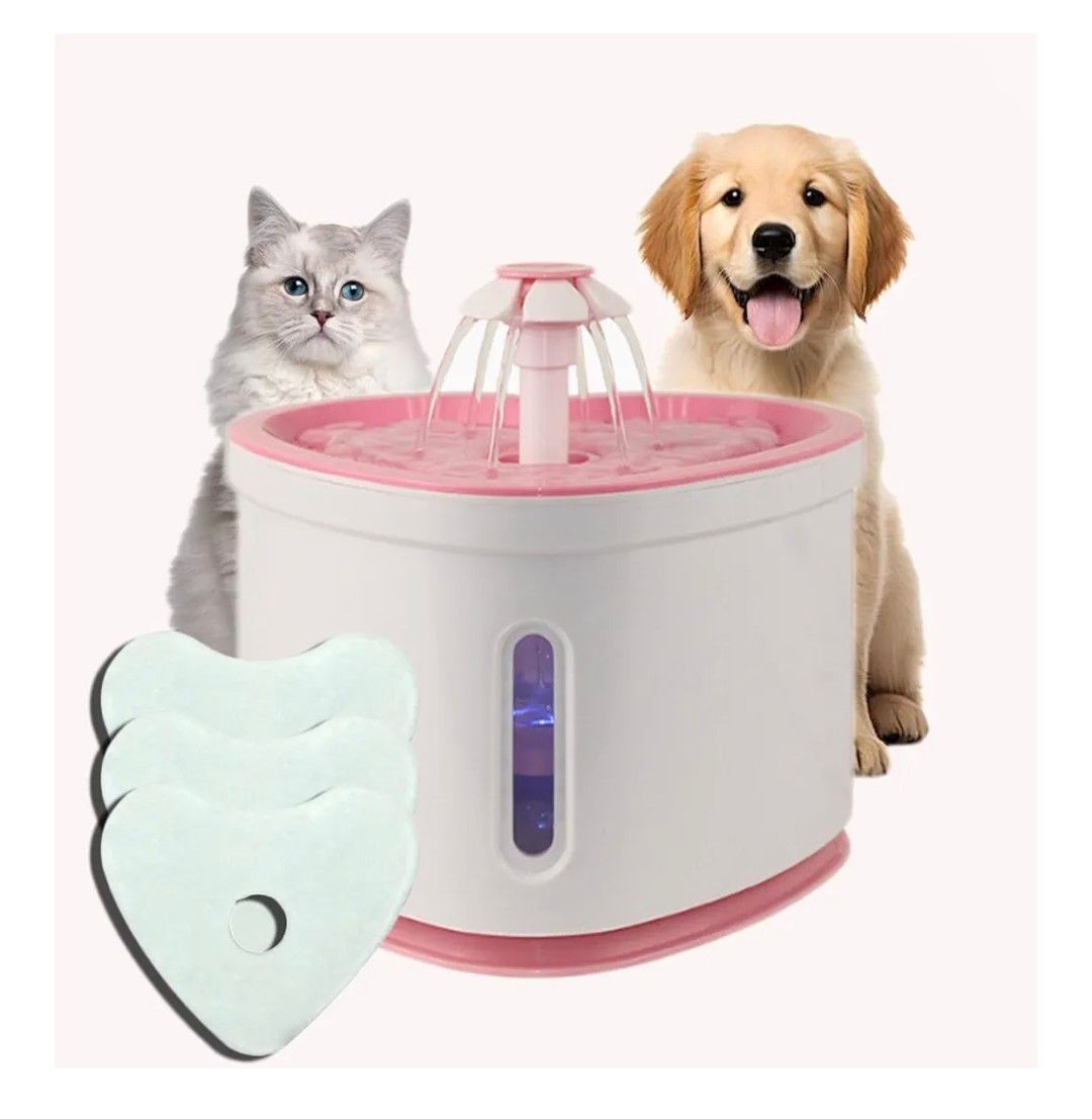 2.4L Cat Water Fountain-Pet Drinking Fountain,Automatic Cat Puppy Dog Water Dispenser,LED Night Vision Water Level Window w/ 3 Replacement Filters(Pink)