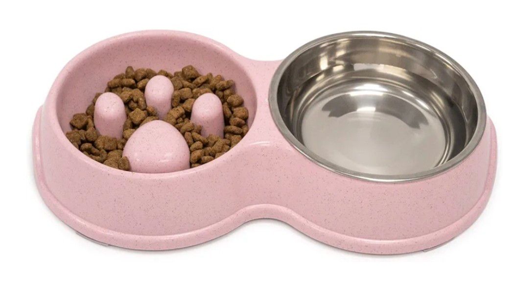 Fur &amp; Bone Double Slow Feeder Dog Bowl | Raised Dog Bowl with Non-Slip Bottom | Stainless Steel Bowl | Detachable Raised Cat Bowl