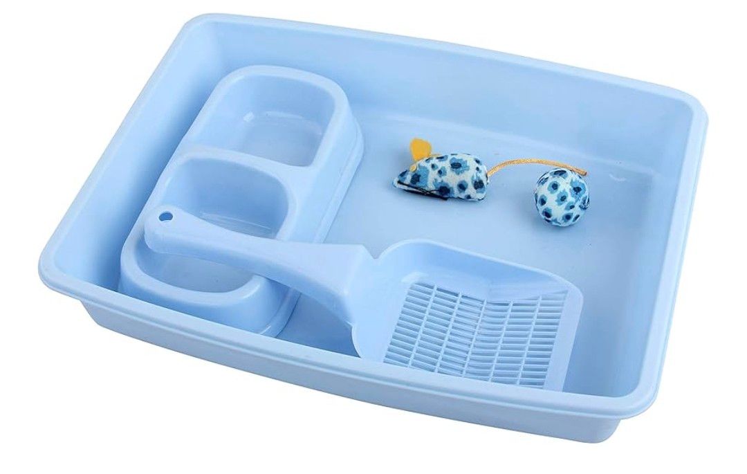 PAWISE Kitty Cat Starter Kit - Includes Cat Litter Pan, Scooper, Bowls, Toy - 14.5x10.5 Inches, Blue