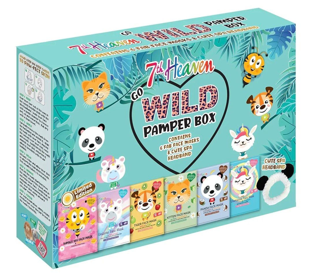 7th Heaven Go Wild Pamper Box Skincare Gift Set - 6 Printed Animal Face Masks and 1 Panda Headband Childrens Gift