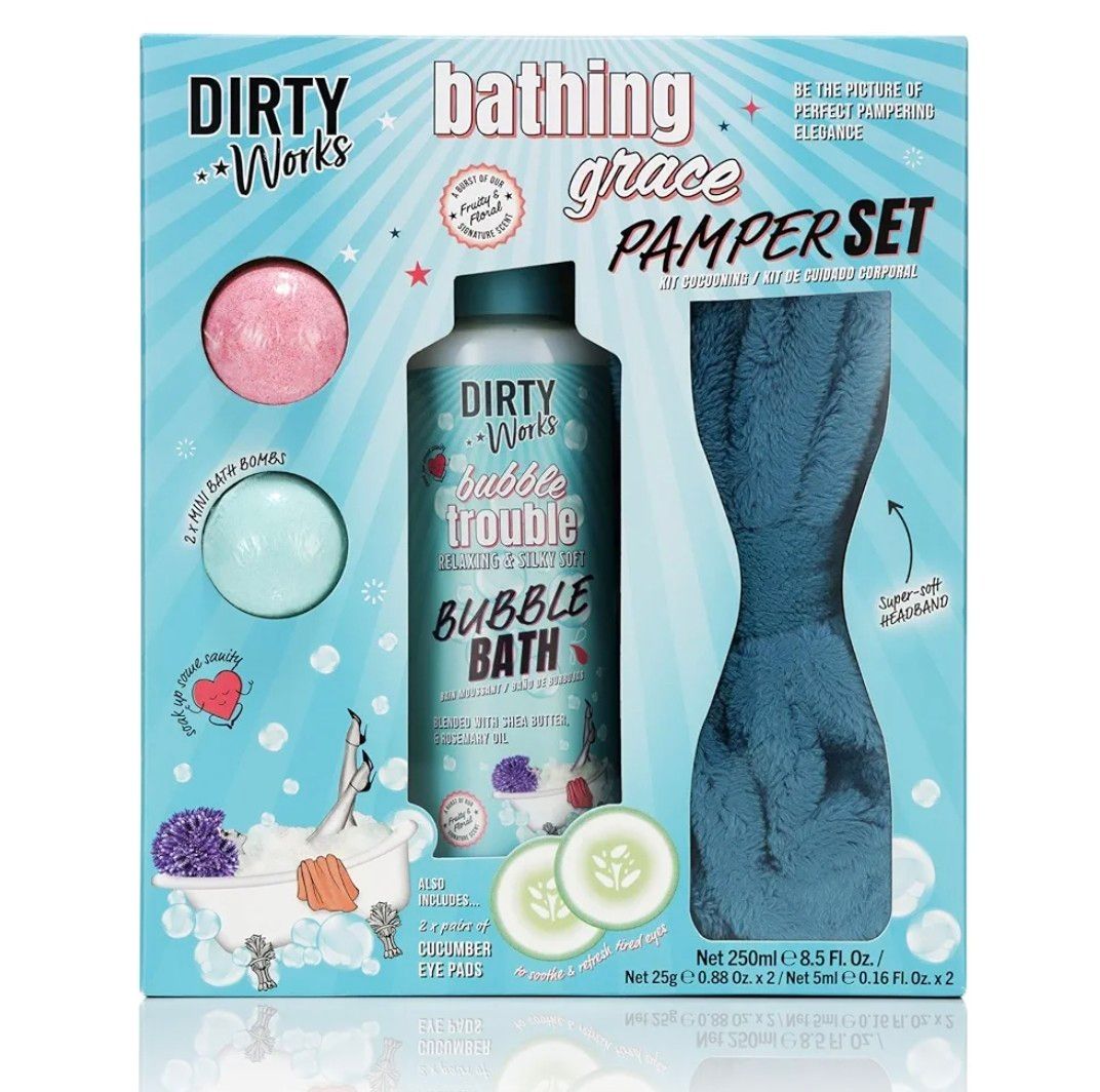 Dirty Works Bathing Grace Pamper Gift Set, Relaxing Vegan Spa Kit with Bubble Bath, Bath Fizzers, Headband &amp; Cooling Eye Pads, Ultimate Bath &amp; Body Care Gift