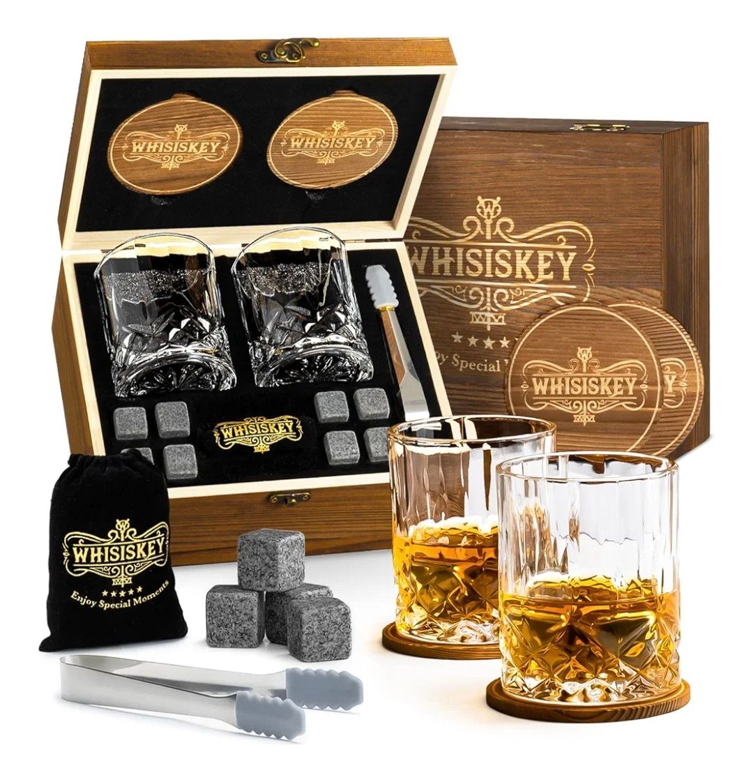 WHISISKEY - Whiskey Glass Set - Whiskey Gift Sets for Men - Whisky Glass Gifts for Men - Rum Tumblers Whisky Set with 2 Glasses, 8 Whiskey Stones, Accessories