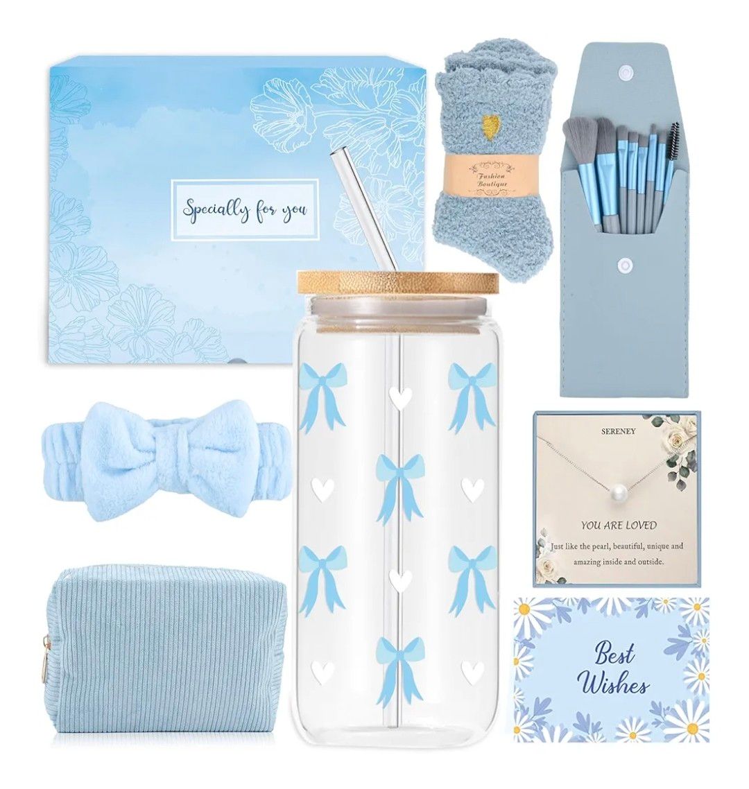 Gifts for Girls Teenage 9 10 11 12 13 14 Year Old, Christmas Birthday Gifts for Girls Age 8-15, Glass Cup with Lid and Straw, Makeup Brushes Cosmetic Bag Necklace Socks Headband, Bow Coffee Cup