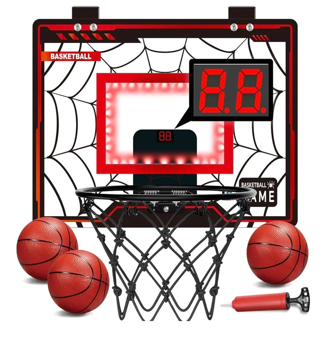 Basketball Hoop Indoor, Mini Basketball Hoop for Boys and Adults with Cool LED Lights Boys Gifts Basketballs Toys Gifts Room Accessories for Teen Boy 8 9 10 11 12