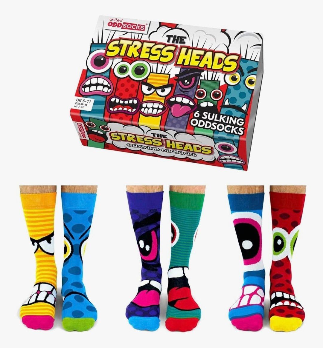 United Oddsocks The Stress Heads Gift Box – 6 Sulking Odd Socks for Men – UK 6–11, EUR 39–46, US 7–12 – Funny Monster-Themed Mix &amp; Match Socks – Colourful Gift for Birthdays, Father’s Day &amp; Christmas