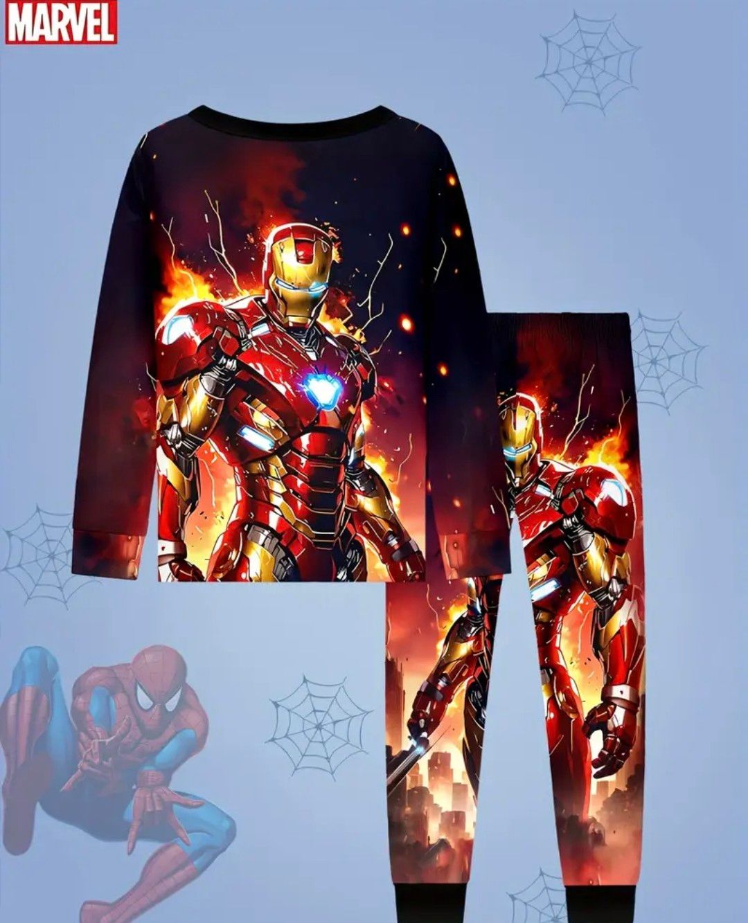 MARVEL Boys&#39; Iron for Man Warm Clothes Set - Vibrant Red &amp; Blue Superhero Design, Long Sleeve Crewneck Pants, Durable Polyester for Spring/Fall Casual Wear, Marvel Clothes for Boys, Kids&#39; Casual Attir