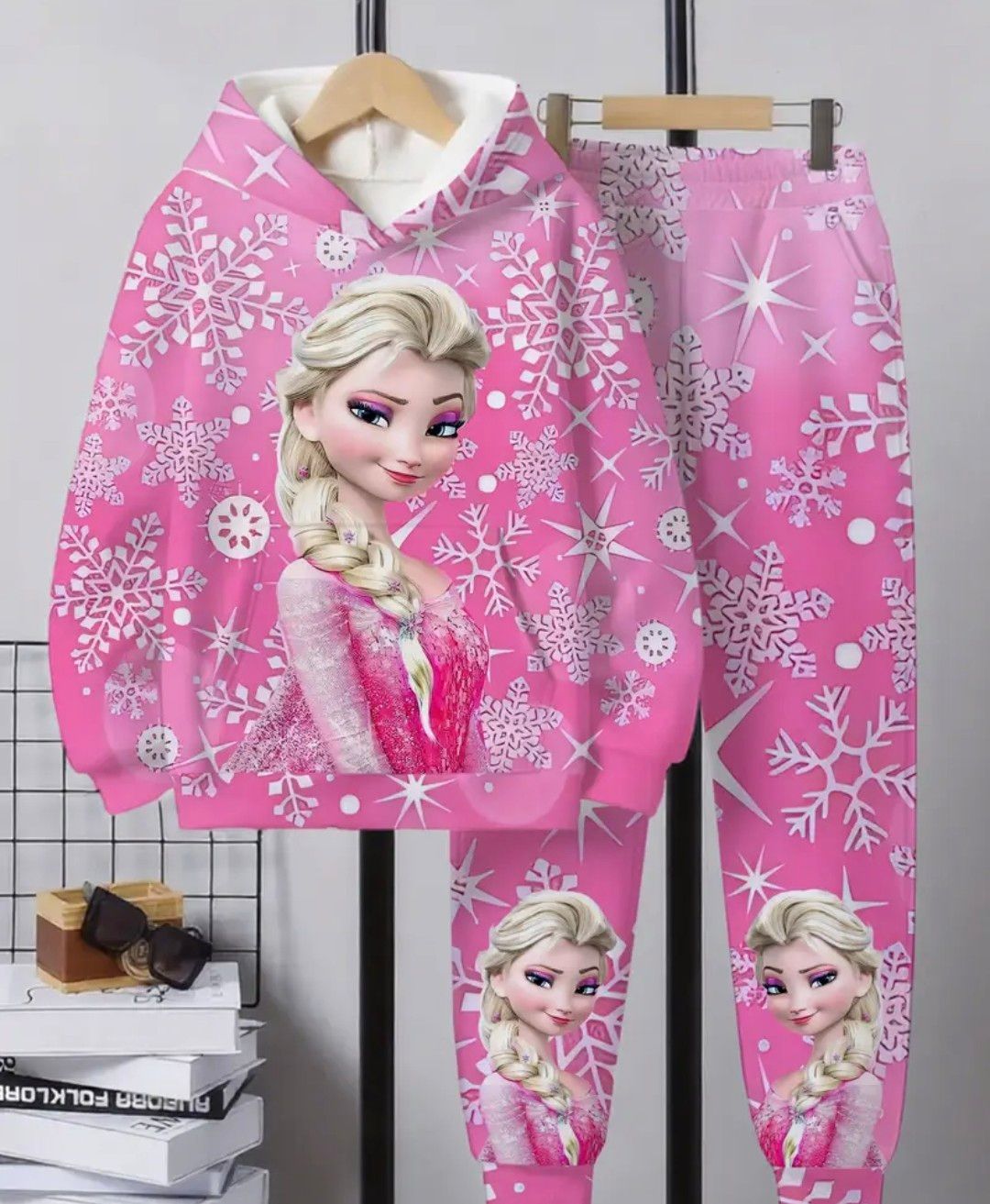 Disney Frozen Elsa Princess Cartoon Print Hoodie &amp; Jogger Set - Pink Snowflake Design, Comfortable and Light Beige-Friendly Machine-Washable Kids&#39; Outfit for Daily Wear &amp; Festive Occasions, Soft and S