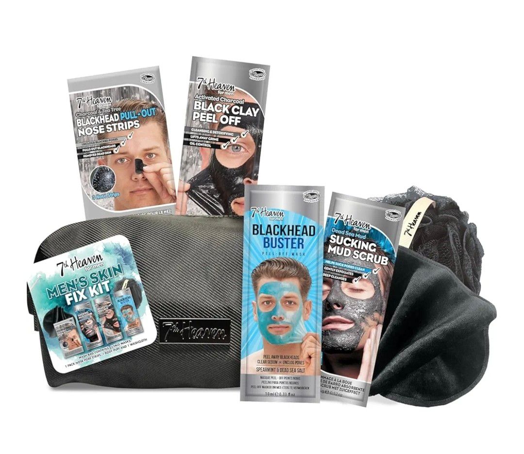 7th Heaven Men’s Skin Essentials Gift Set – 3 Face Masks with Charcoal &amp; Dead Sea Salt + T-Zone Pore Strips, Black Wash Bag, Exfoliating Body Puff &amp; Face Cloth – Deep Cleansing Skincare Gift for Him