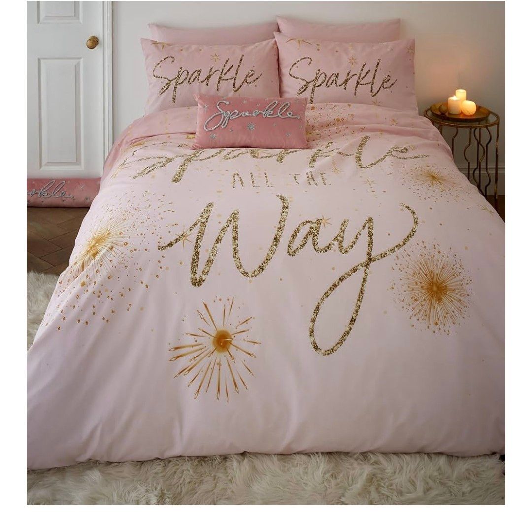 Catherine Lansfield Christmas Sparkle Reversible Double Duvet Cover Set with Pillowcases Blush Pink