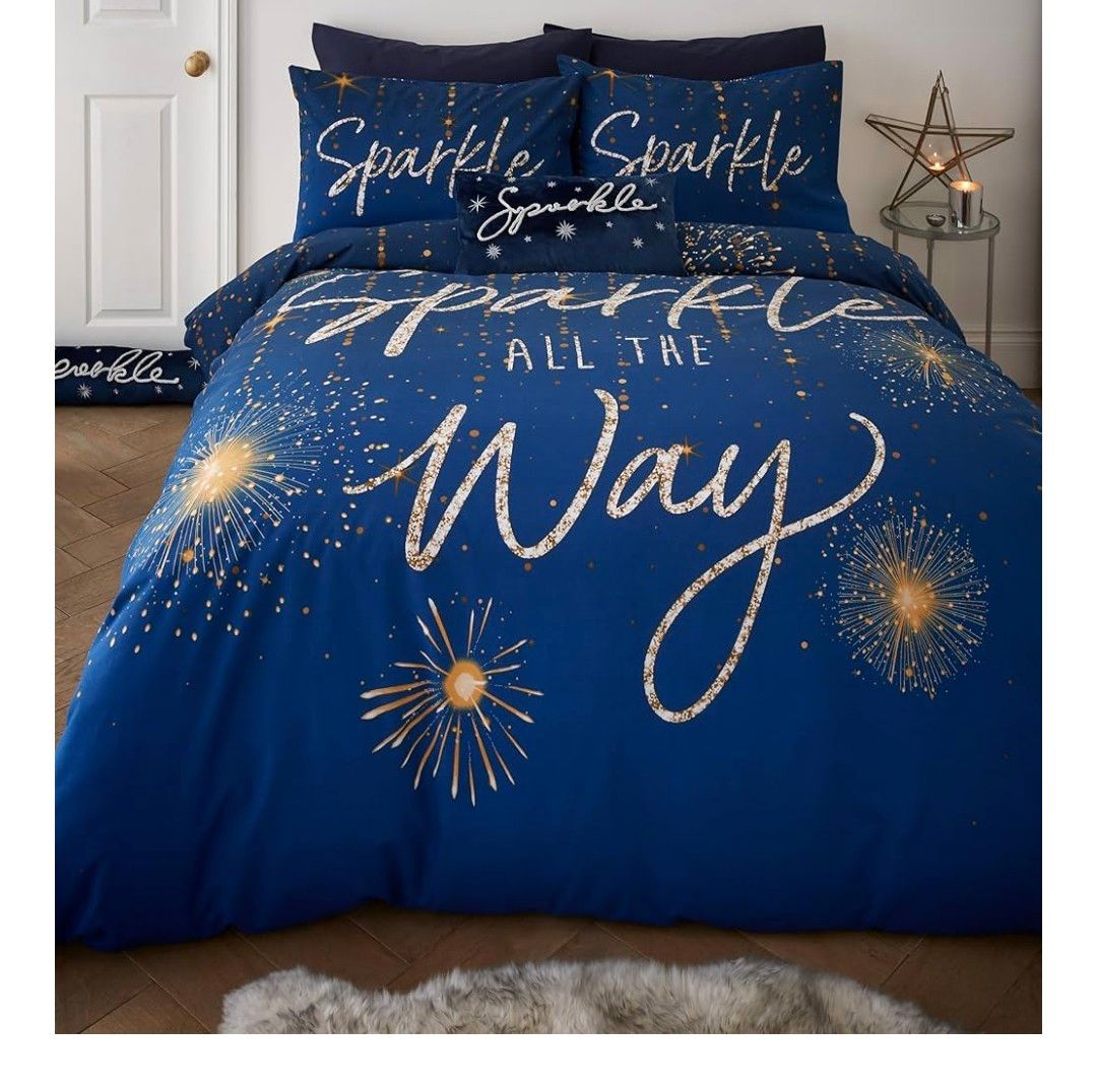 Catherine Lansfield Christmas Sparkle Reversible Double Duvet Cover Set with Pillowcases, Navy Blue