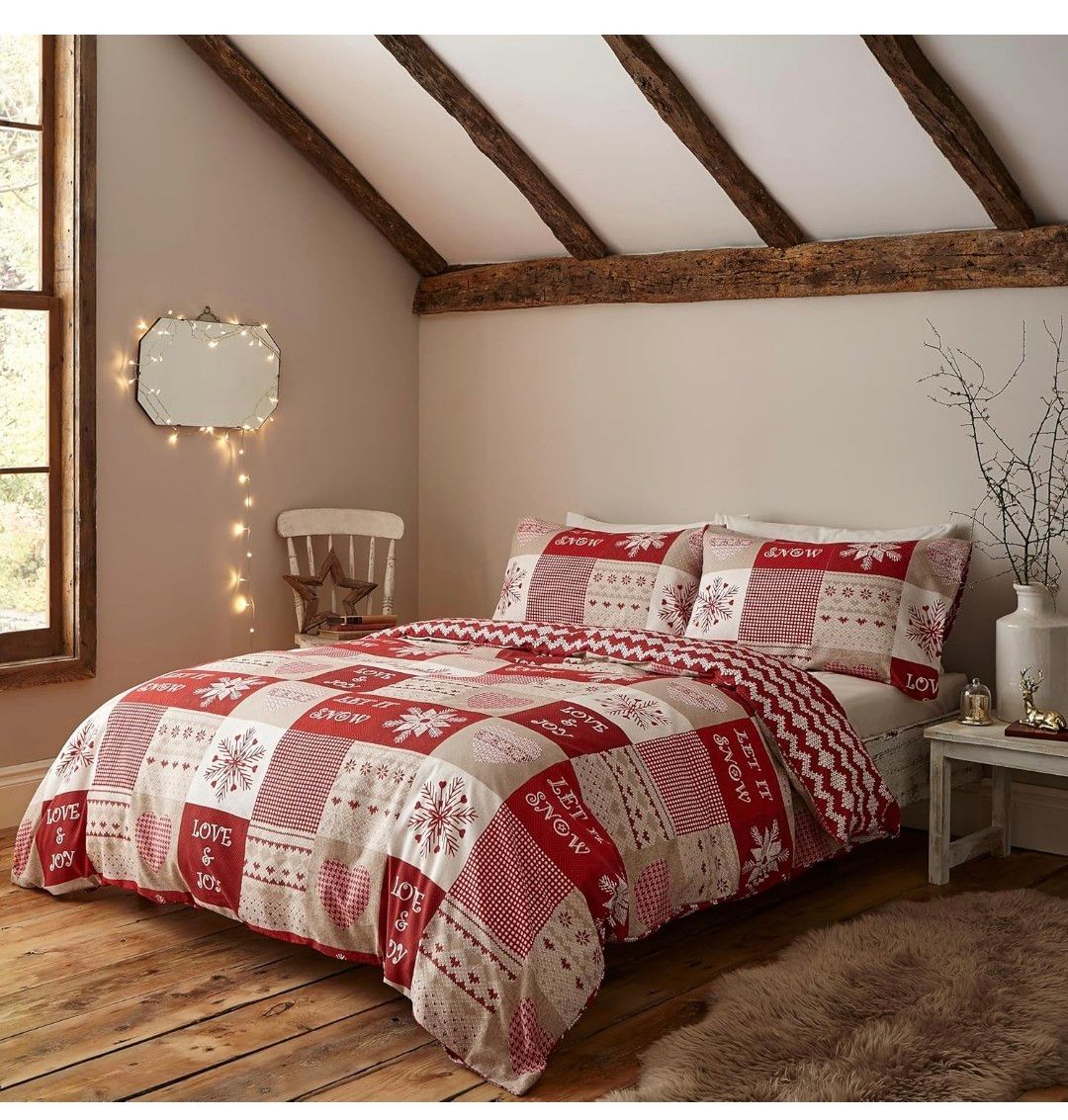 Catherine Lansfield Christmas Let It Snow Double Duvet Cover and Pillowcases Red Natural