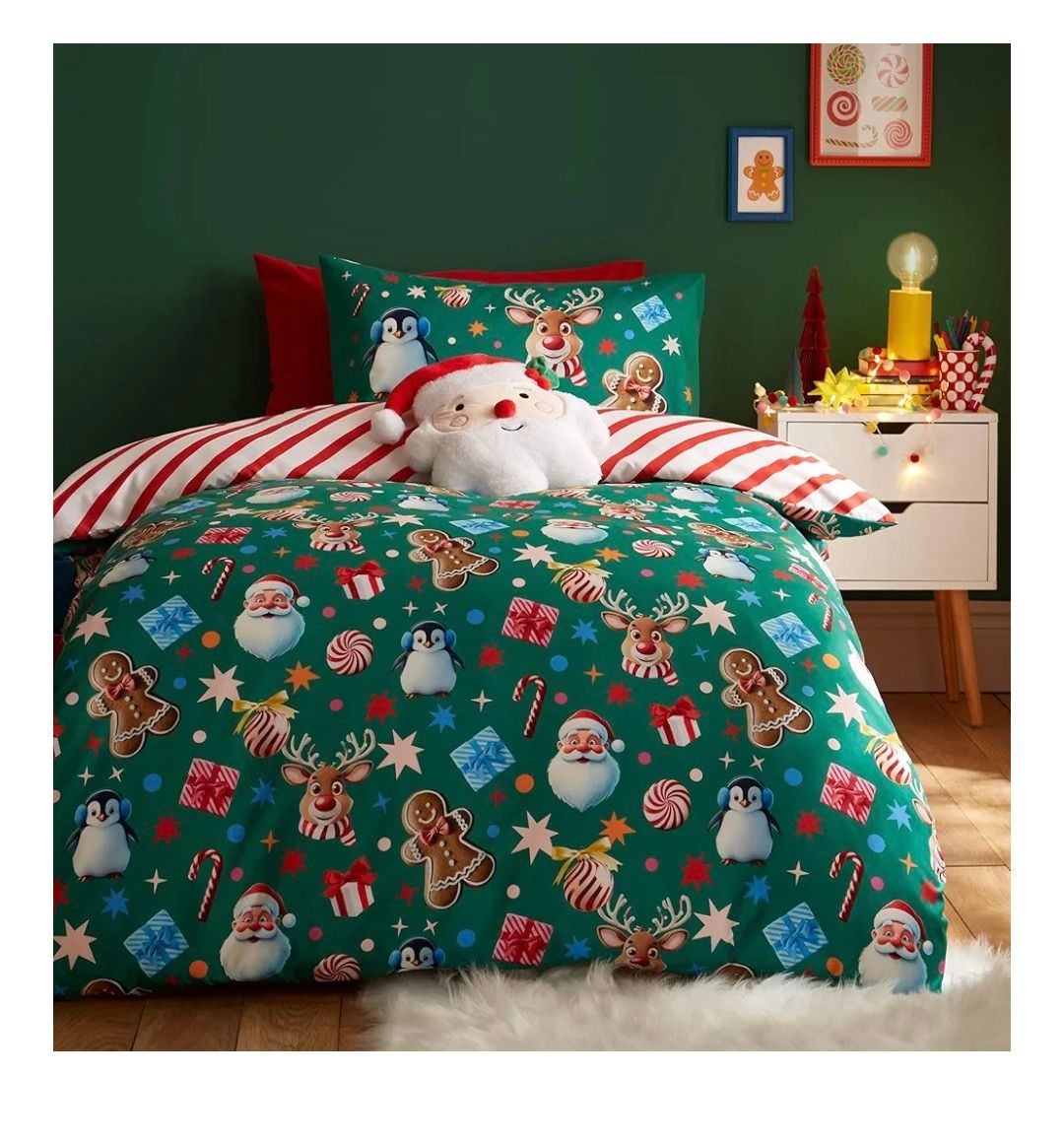 Catherine Lansfield Christmas Icons So Soft Reversible Double Duvet Cover Set with Pillowcases Green