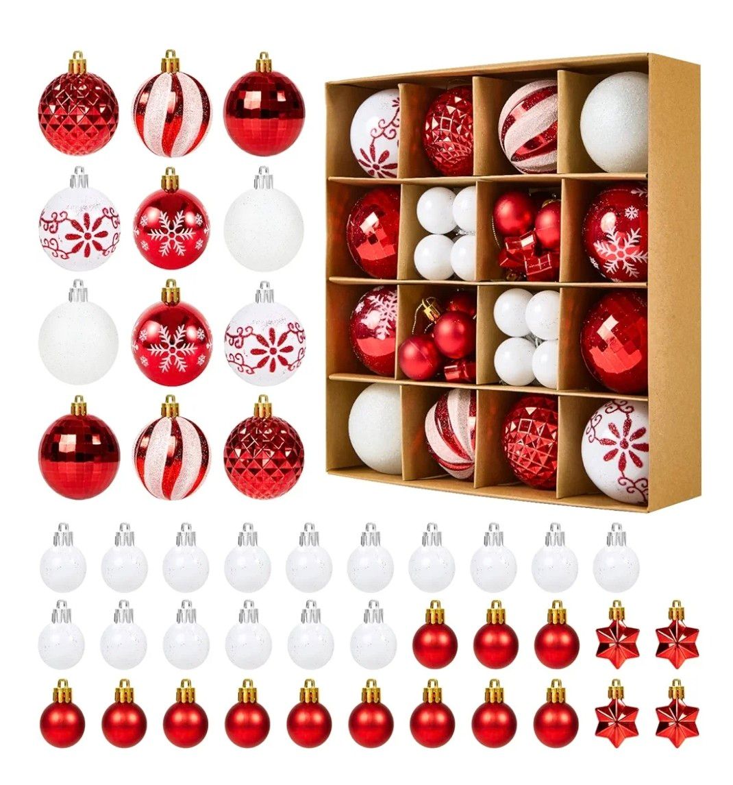 Fuyuleyo 44Pcs Christmas Baubles, Red and White Christmas Tree Decorations Set, Shatterproof Xmas Balls Ornaments Tree Baubles for Hanging Xmas Decorations Festive Holiday Home Decor