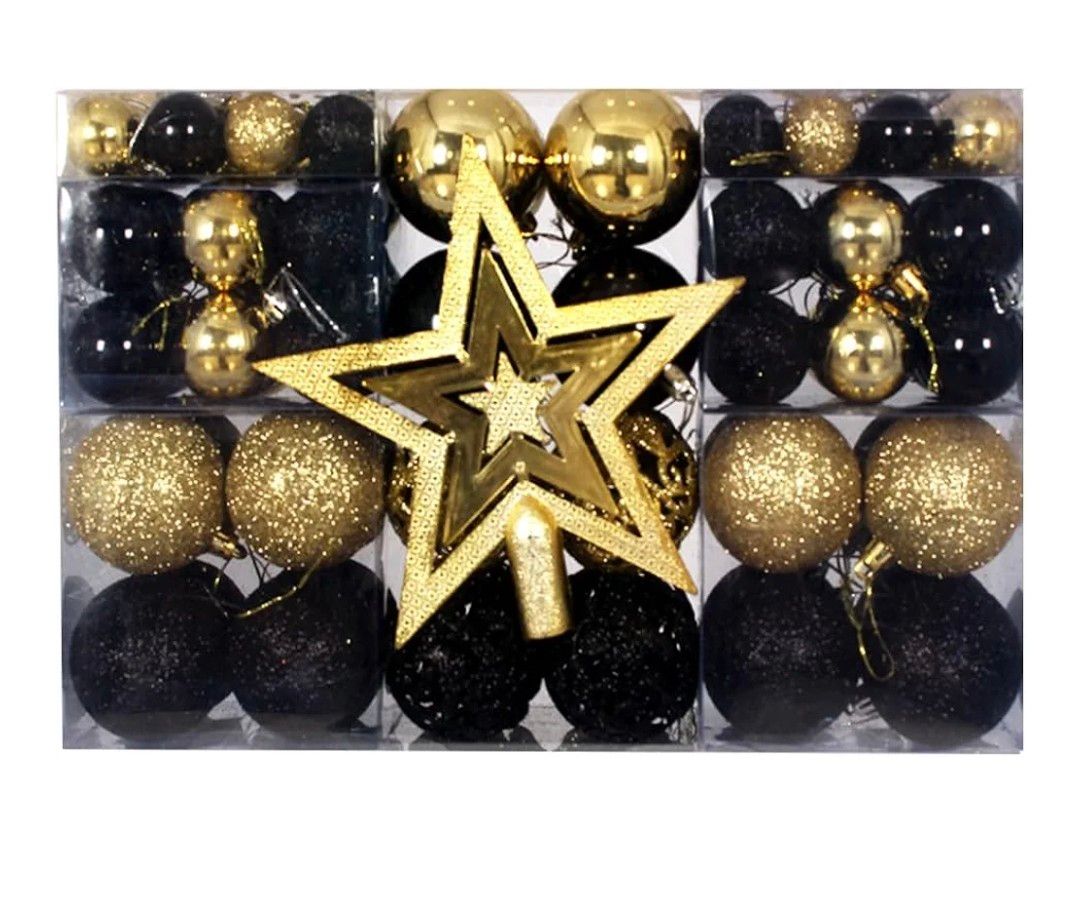Christmas Baubles, Christmas Tree Decorations Ornaments Balls 100pcs Mixed 3/4/6cm with a Tree Topper, Shatterproof Hanging Bauble Set for Xmas Holiday Wedding Party Home Festival Decors, Gold Black